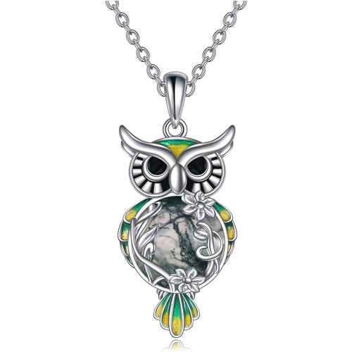 Sterling Silver Circular Shaped Moss Agate Owl Pendant Necklace