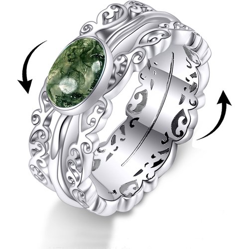 Sterling Silver Round Shaped Moss Agate Spinner Ring