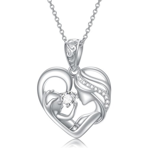 Sterling Silver Circular Shaped Cubic Zirconia Mother & Daughter Heart Pendant Necklace