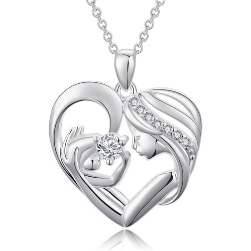 Sterling Silver Circular Shaped Cubic Zirconia Mother & Heart Pendant Necklace