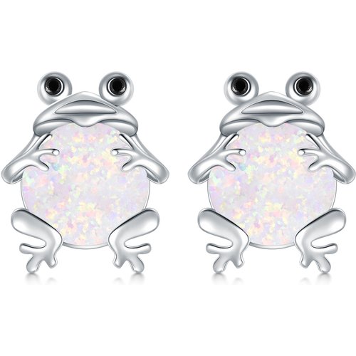 Sterling Silver Circular Shaped Opal Frog Stud Earrings