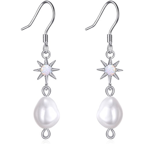 Sterling Silver Circular Shaped Opal & Pearl Star Drop Earrings