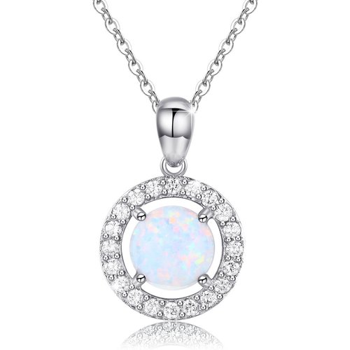 Sterling Silver Circular Shaped Opal Round Pendant Necklace