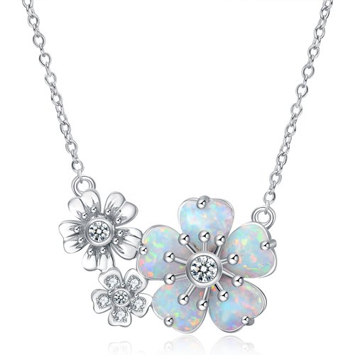 Sterling Silver Circular Shaped Cubic Zirconia & Opal Sunflower Pendant Necklace