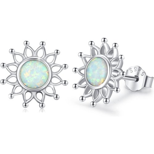 Sterling Silver Circular Shaped Opal Sunflower Stud Earrings