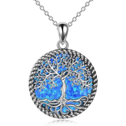 Sterling Silver Circular Shaped Opal Tree Of Life Pendant Necklace