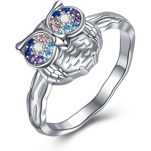 Sterling Silver Round Shaped Cubic Zirconia Owl Bird Ring