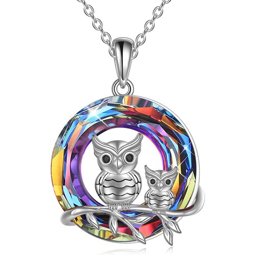 Sterling Silver Circular Shaped Owl Crystal Pendant Necklace