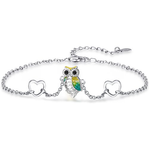 Sterling Silver Circular Shaped Cubic Zirconia Owl & Heart Charm Bracelet