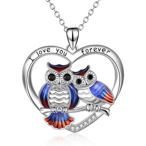 Sterling Silver Circular Shaped Owl & Heart Pendant Necklace with Engraved Word
