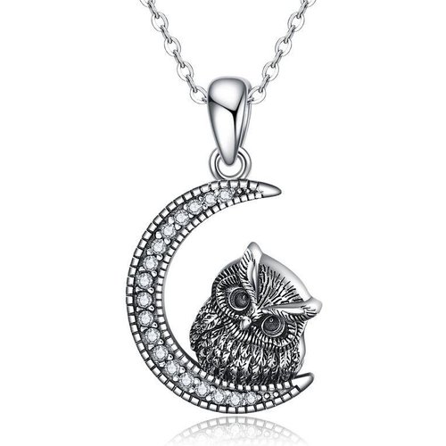 Sterling Silver Circular Shaped Cubic Zirconia Owl & Moon Urn Necklace for Ashes