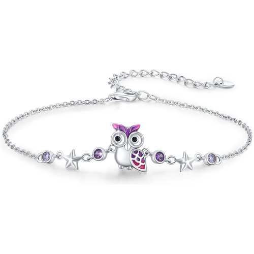 Sterling Silver Circular Shaped Cubic Zirconia Owl & Star Charm Bracelet