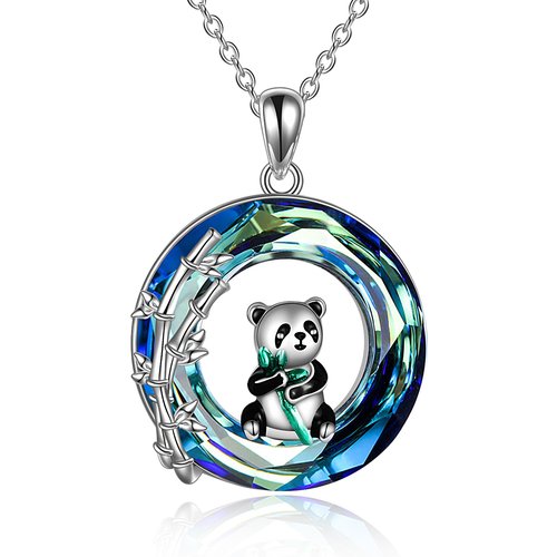 Sterling Silver Circular Shaped Panda & Bamboo Crystal Pendant Necklace
