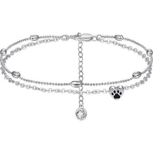 Sterling Silver Circular Shaped Cubic Zirconia Paw & Heart Multi-layered Anklet