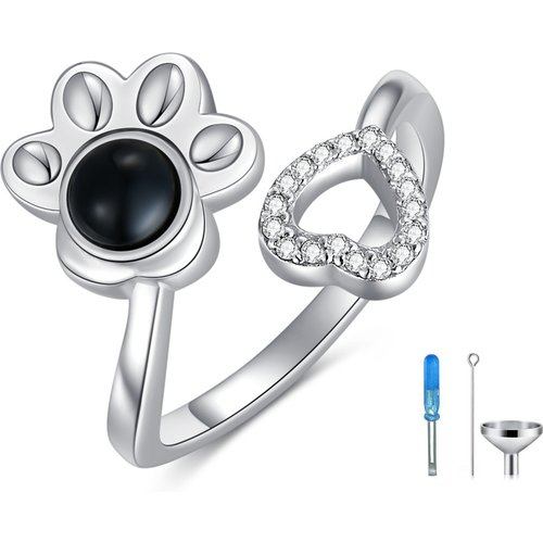 Sterling Silver Round Shaped Cubic Zirconia Paw & Heart Urn Ring