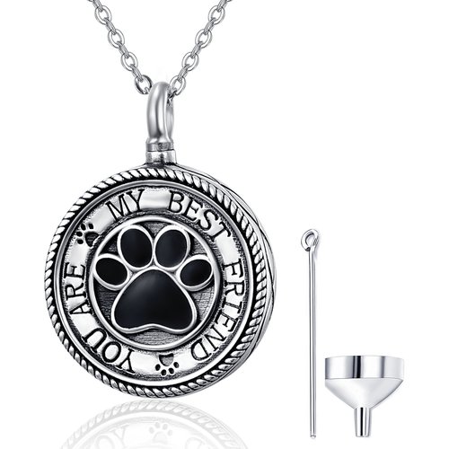 Sterling Silver Circular Shaped Paw Urn Necklace for Ashes