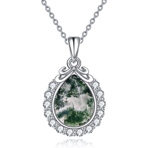 Sterling Silver Pear Moss Agate Filigree Pendant Necklace For Women