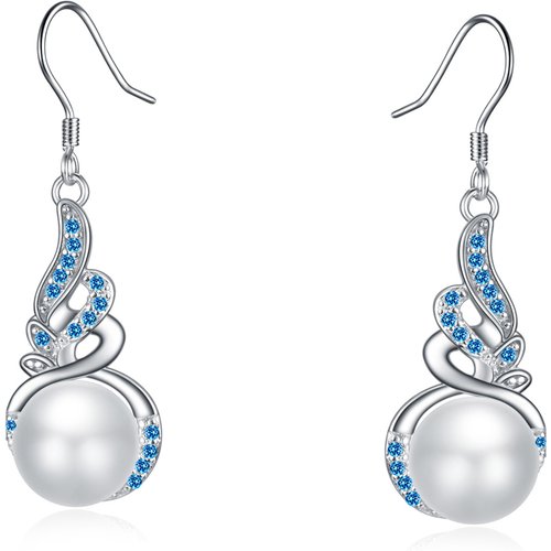 Sterling Silver Circular Shaped Cubic Zirconia & Pearl Angel Wings Drop Earrings