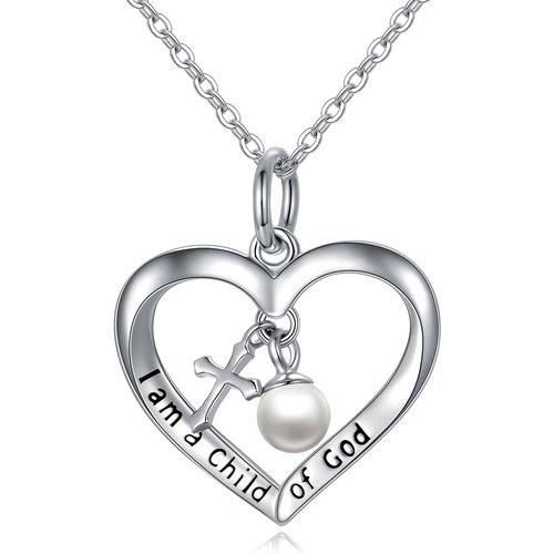 Sterling Silver Circular Shaped Pearl Cross & Heart Metal Choker Necklace with Engraved Word