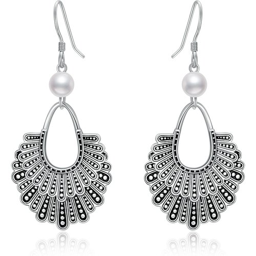 Sterling Silver Circular Shaped Pearl Ginsberg Collar Drop Earrings