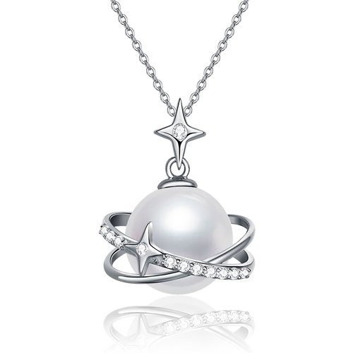 Sterling Silver Circular Shaped Pearl Pentagram Pendant Necklace
