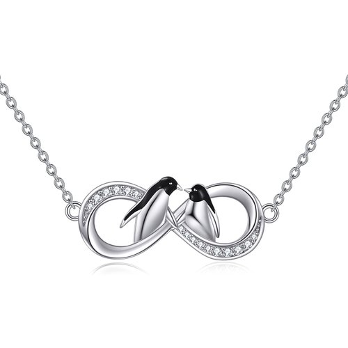 Sterling Silver Circular Shaped Cubic Zirconia Penguin & Infinity Symbol Pendant Necklace