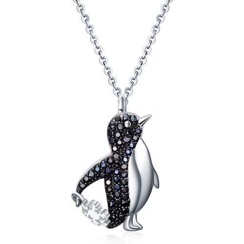 Sterling Silver Circular Shaped Cubic Zirconia Penguin Pendant Necklace