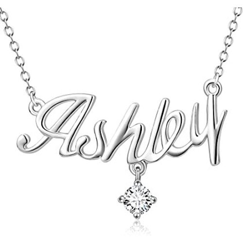 Sterling Silver Personalized Birthstone Custom Nameplate Cursive Name Necklace For Women