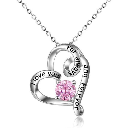 Sterling Silver Circular Shaped Cubic Zirconia Personalized Birthstone & Heart Pendant Necklace with Engraved Word