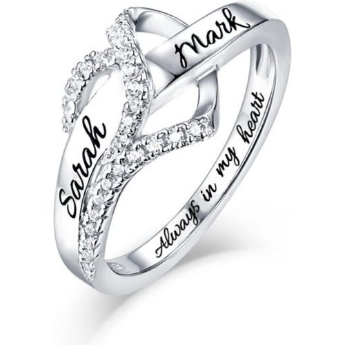 Sterling Silver Round Shaped Cubic Zirconia Personalized Engraving & Heart Ring with Engraved Word