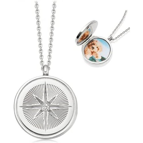 Sterling Silver Circular Cubic Zirconia Compass Personalised Photo Locket Necklace For Unisex
