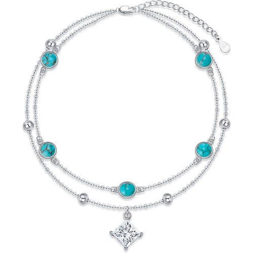 Sterling Silver Circular Moissanite Princess-Square Turquoise Bead Square Layerered Bracelet For Women