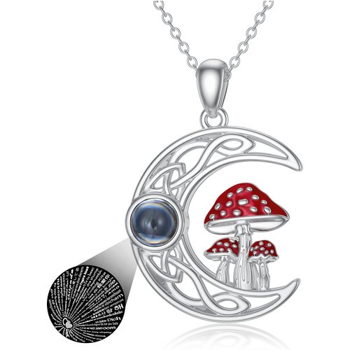 Sterling Silver Circular Projection Stone Mushroom & Celtic Knot Moon Pendant Necklace With Engraved Word For Women