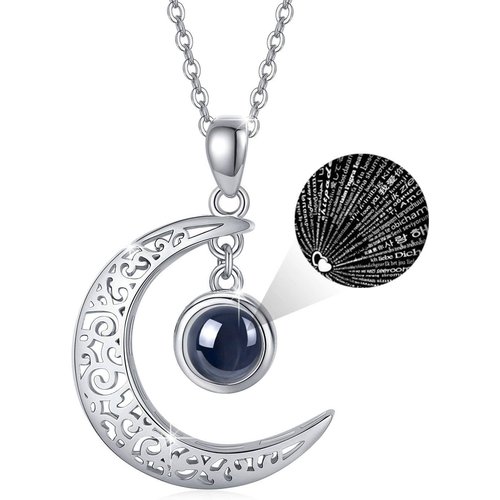 Sterling Silver Circular Shaped Projection Stone Personalized Projection & Moon Pendant Necklace