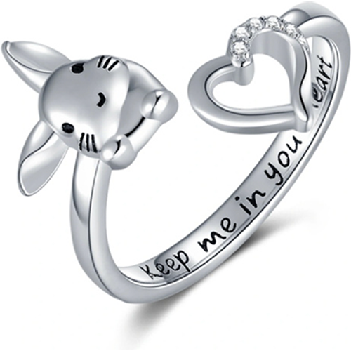 Sterling Silver Round Shaped Cubic Zirconia Rabbit & Heart Open Ring with Engraved Word