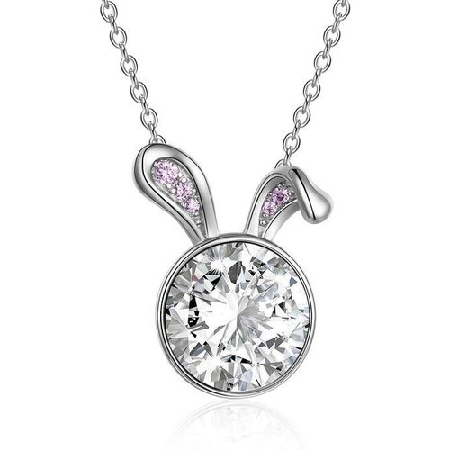 Sterling Silver Circular Shaped Cubic Zirconia Rabbit Pendant Necklace