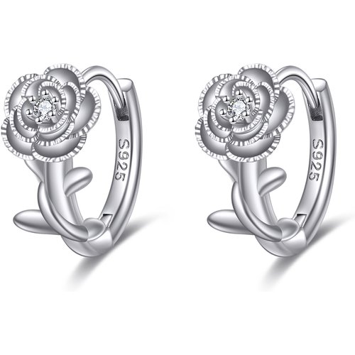 Sterling Silver Circular Shaped Cubic Zirconia Rose Hoop Earrings