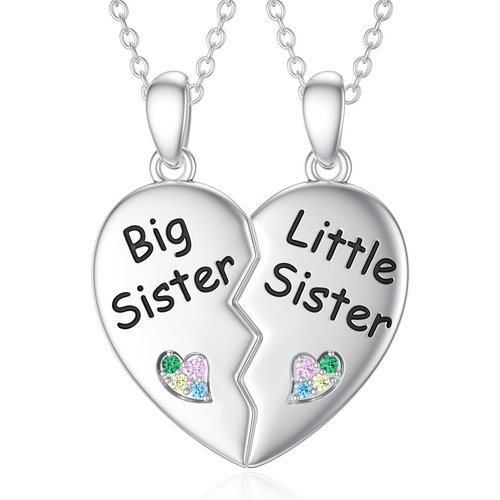 Sterling Silver Circular Shaped Sisters & Heart Pendant Necklace