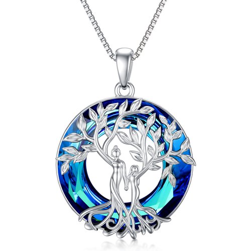 Sterling Silver Circular Shaped Sisters Tree Of Life Crystal Pendant Necklace