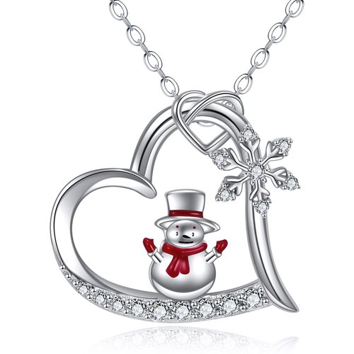 Sterling Silver Circular Shaped Cubic Zirconia Snowflake & Snowman Pendant Necklace