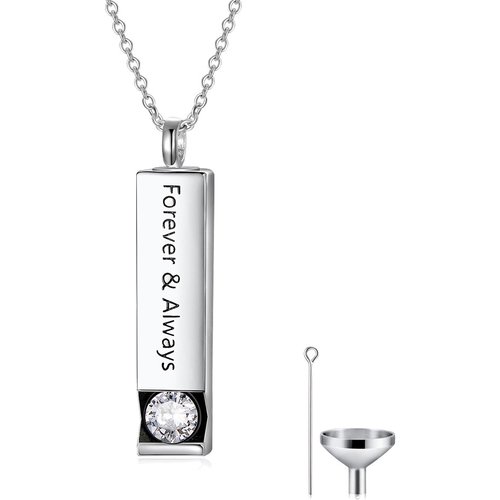 Sterling Silver Circular Shaped Cubic Zirconia Square Urn Necklace for Ashes with Engraved Word