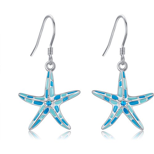 Sterling Silver Circular Shaped Cubic Zirconia Starfish Drop Earrings