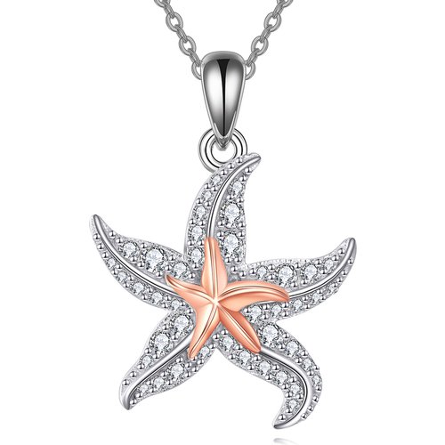 Sterling Silver Circular Shaped Cubic Zirconia Starfish Pendant Necklace