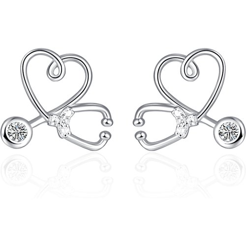 Sterling Silver Circular Shaped Cubic Zirconia Stethoscope Stud Earrings