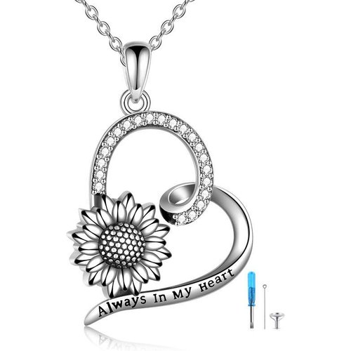 Sterling Silver Circular Shaped Sunflower & Heart Pendant Necklace with Engraved Word
