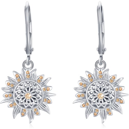 Sterling Silver Circular Shaped Cubic Zirconia Sunflower Lever-back Earrings