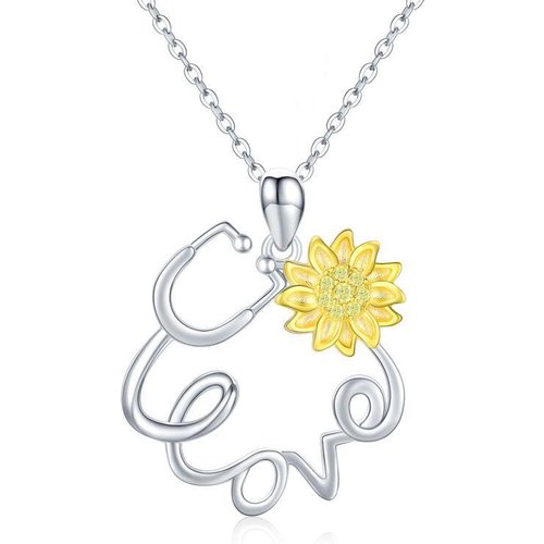Sterling Silver Circular Shaped Cubic Zirconia Sunflower & Stethoscope Pendant Necklace with Engraved Word