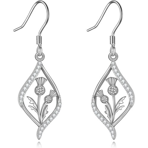 Sterling Silver Circular Shaped Cubic Zirconia Thistle Drop Earrings