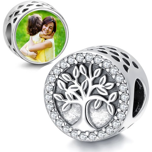 Sterling Silver Circular Shaped Cubic Zirconia Tree Of Life Bead Charm