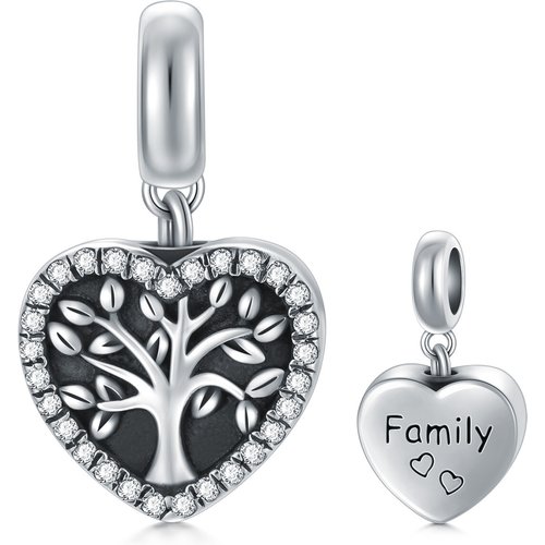 Sterling Silver Circular Shaped Cubic Zirconia Tree Of Life & Heart Dangle Charm with Engraved Word
